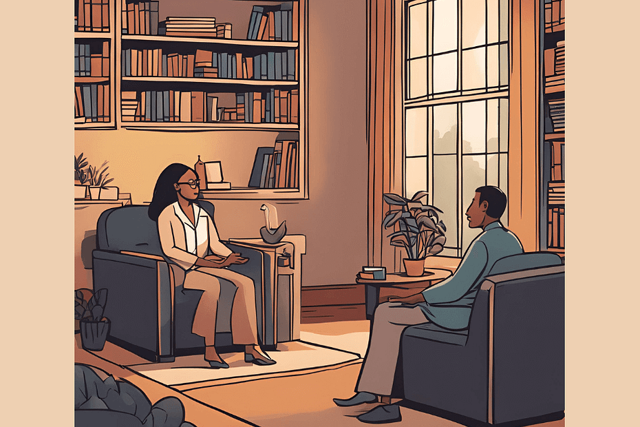 Cartoon image of two people in a person-centred therapy session