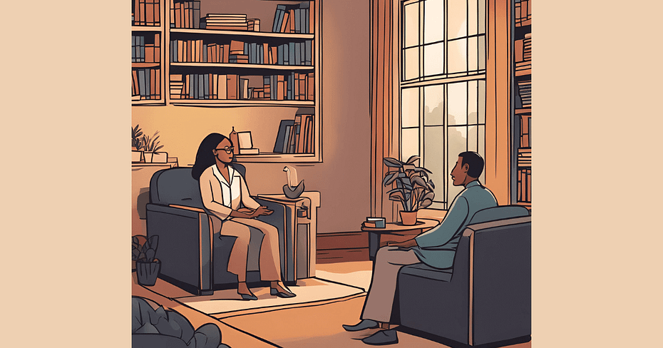 Cartoon image of two people in a person-centred therapy session